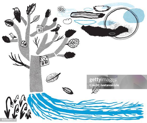 rooted tree with bird houses - tree roots stock illustrations