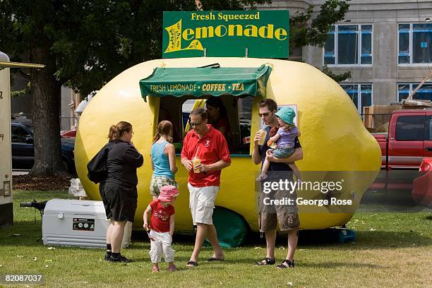 Customers line up for fresh lemonade at a giant lemon drink stand during Canada Day festivities in this 2008 Penticton, British Columbia, Canada,...