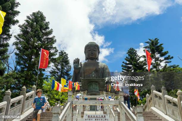 chinese tourists at giant buddha hong kong - mosteiro de po lin imagens e fotografias de stock