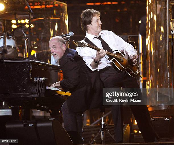 Exclusive* Billy Joel and Sir Paul McCartney perform during the "Last Play at Shea" at Shea Stadium on July 16, 2008 in Queens, NY.