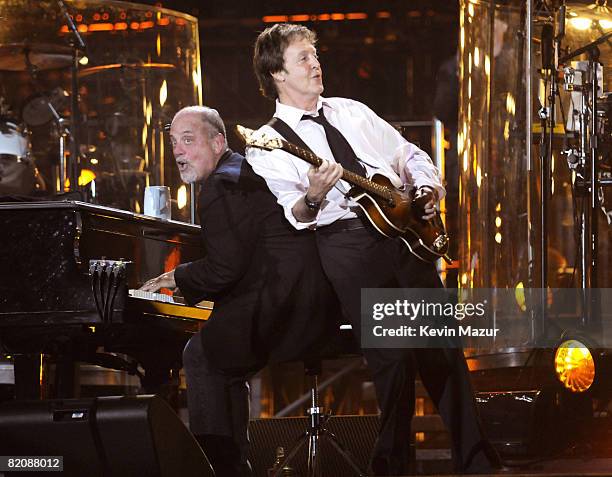 Exclusive* Billy Joel and Sir Paul McCartney perform during the "Last Play at Shea" at Shea Stadium on July 16, 2008 in Queens, NY.