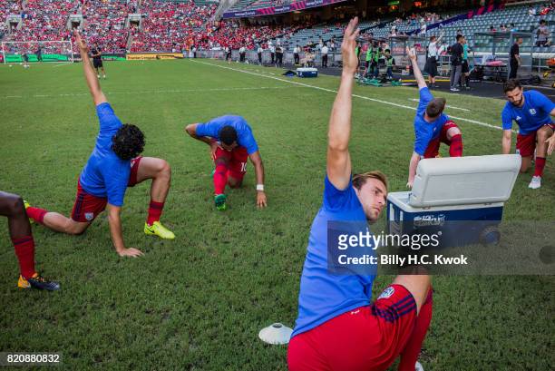 Team warm up before the Premier League Asia Trophy match between Liverpool FC and Leicester City FC at Hong Kong Stadium on July 22, 2017 in Hong...