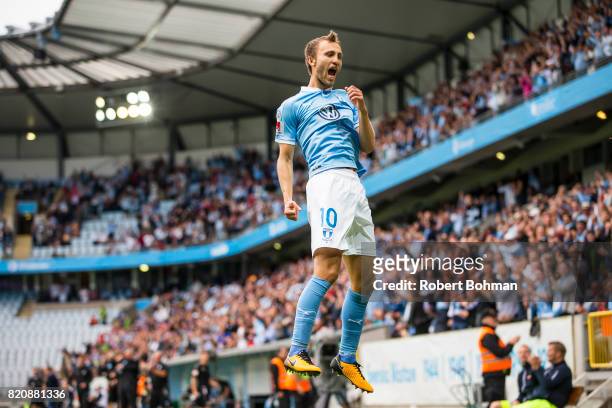 Magnus Wolf Eikrem of Malmo FF celebrates after scoring during the Allsvenskan match between Malmo FF and Jonkopings Sodra IF at Swedbank Stadion on...