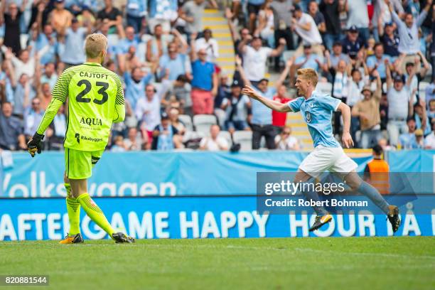 Anders Christiansen of Malmo FF celebrates after scoring during the Allsvenskan match between Malmo FF and Jonkopings Sodra IF at Swedbank Stadion on...