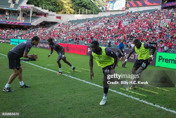 Team warm up before the Premier League Asia Trophy match between West Brom and Crystal Palace at Hong Kong Stadium on July 22, 2017 in Hong Kong,...