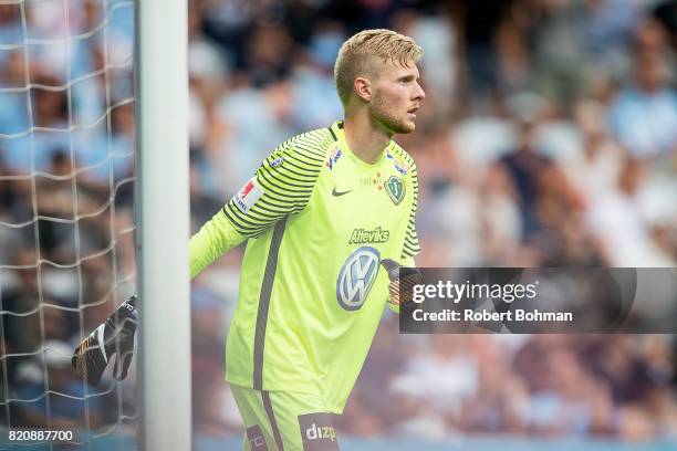 Anton Cajtoft, goalkeeper of Jonkopings Sodra during the Allsvenskan match between Malmo FF and Jonkopings Sodra IF at Swedbank Stadion on July 22,...