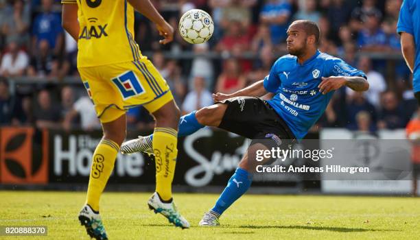 Nikolai Alho of Halmstad BK shoots during the Allsvenskan match between Halmstad BK and GIF Sundsvall at Orjans Vall on July 22, 2017 in Halmstad,...