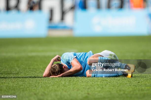 Mattias Svanberg of Malmo FF dejected during the Allsvenskan match between Malmo FF and Jonkopings Sodra IF at Swedbank Stadion on July 22, 2017 in...