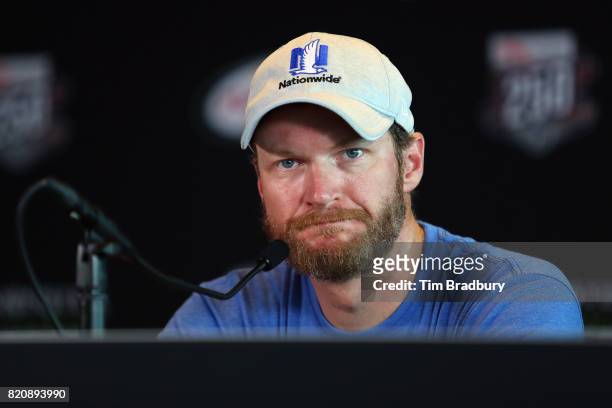 Dale Earnhardt Jr., driver of the Nationwide Chevrolet, speaks with the media during a press conference at Indianapolis Motorspeedway on July 22,...