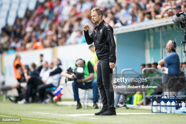 Magnus Pehrsson, head coach of Malmo FF during the Allsvenskan match between Malmo FF and Jonkopings Sodra IF at Swedbank Stadion on July 22, 2017 in...