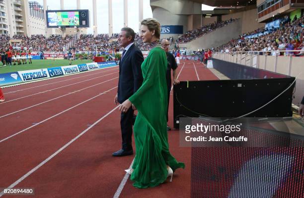 Princess Charlene of Monaco and Sergey Bubka participate at the medals ceremony during the IAAF Diamond League Meeting Herculis 2017 on July 21, 2017...