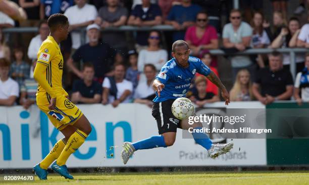 Nikolai Alho of Halmstad BK shoots during the Allsvenskan match between Halmstad BK and GIF Sundsvall at Orjans Vall on July 22, 2017 in Halmstad,...