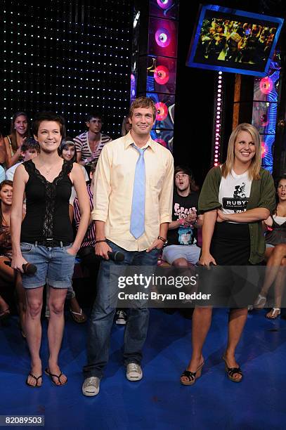 Cast members Hannah Bailey, Mitch Reinholdt and Megan Krizmanich of the movie "American Teen" appear onstage during MTV's TRL at MTV Studios on July...