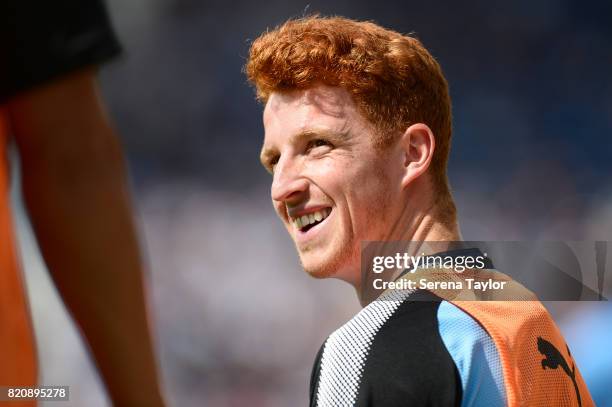 Jack Colback of Newcastle United smiles during the Pre Season Friendly match between Preston North End and Newcastle United at Deepdale on July 22 in...