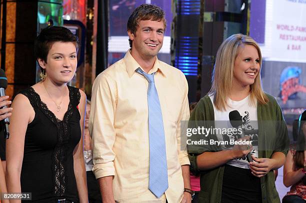 Cast members Hannah Bailey, Mitch Reinholdt and Megan Krizmanich of the movie "American Teen" appear onstage during MTV's TRL at MTV Studios on July...