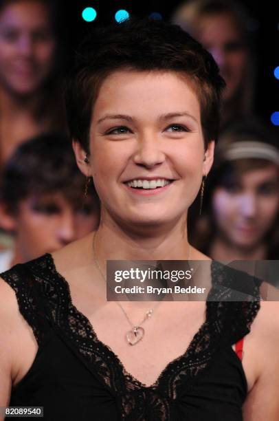 Cast member Hannah Bailey of the movie "American Teen" appears onstage during MTV's TRL at MTV Studios on July 28, 2008 in New York City.