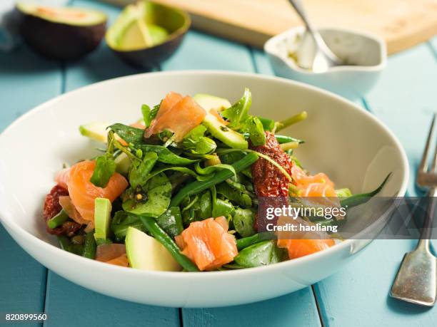 healthy summer salad with smoke salmon - avocado salad stock pictures, royalty-free photos & images