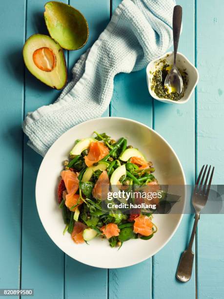 healthy summer salad with smoke salmon - smoked salmon stock pictures, royalty-free photos & images