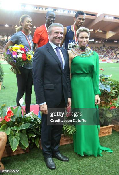 Princess Charlene of Monaco and Sergey Bubka participate at the medals ceremony during the IAAF Diamond League Meeting Herculis 2017 on July 21, 2017...