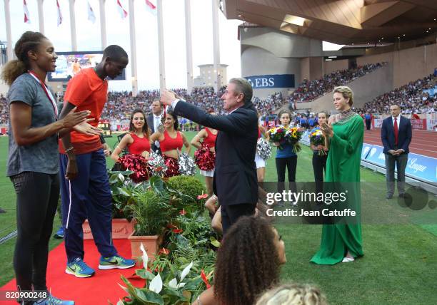 Princess Charlene of Monaco and Sergey Bubka participate at the medals ceremony during the IAAF Diamond League Meeting Herculis 2017 on July 21, 2017...