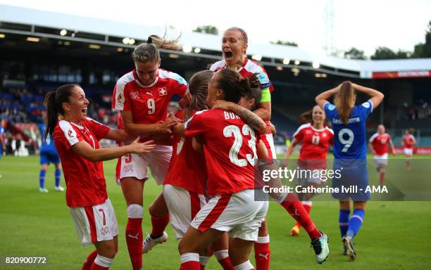 Lara Dickenmann of Switzerland Women jumps up as the team celebrate after Ramona Bachmann of Switzerland Women scores a goal to make it 1-2 during...