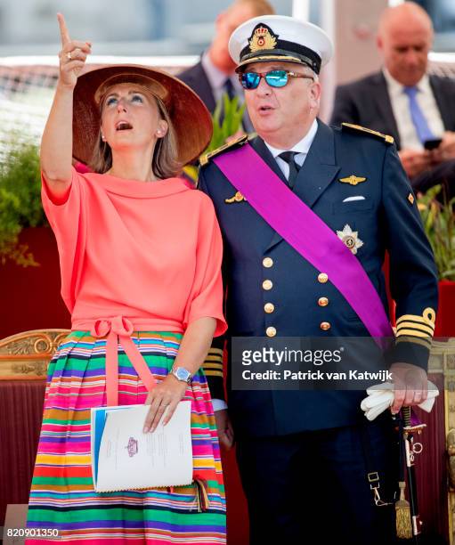 Prince Laurent of Belgium and Princess Claire of Belgium attend the military parade on the occasion of the Belgian National Day in the front of the...