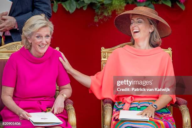 Princess Claire of Belgium and Princess Astrid of Belgium attend the military parade on the occasion of the Belgian National Day in the front of the...