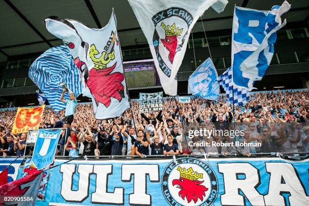 Fans of Malmo FF celebrates after the Allsvenskan match between Malmo FF and Jonkopings Sodra IF at Swedbank Stadion on July 22, 2017 in Malmo,...