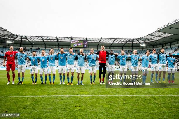 Players of Malmo FF celebrates after match during the Allsvenskan match between Malmo FF and Jonkopings Sodra IF at Swedbank Stadion on July 22, 2017...