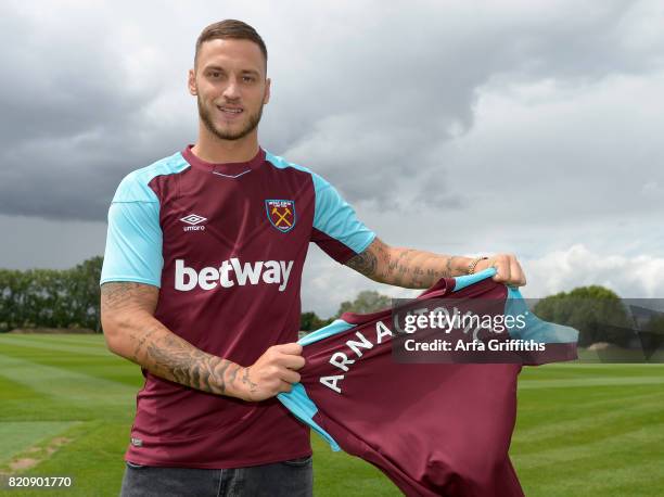 West Ham United Unveil New signing Marko Arnautovic at Rush Green Training Ground on July 22, 2017 in London, England.