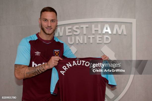 West Ham United Unveil New signing Marko Arnautovic at Rush Green Training Ground on July 22, 2017 in London, England.