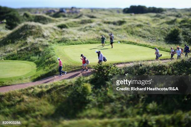 Jordan Spieth of the United States walks off the 8th tee during the third round of the 146th Open Championship at Royal Birkdale on July 22, 2017 in...