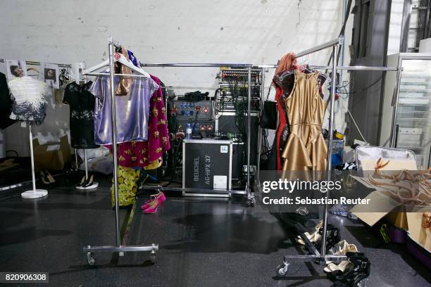 Designers' collections are seen backstage ahead of the 3D Fashion Presented By Lexus/Voxelworld show during Platform Fashion July 2017 at Areal...