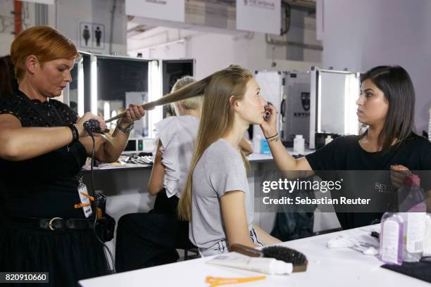 Model is seen backstage ahead of the 3D Fashion Presented By Lexus/Voxelworld show during Platform Fashion July 2017 at Areal Boehler on July 22,...