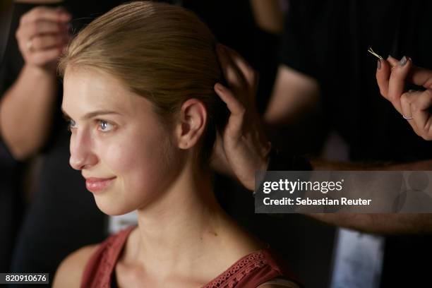 Model is seen backstage ahead of the 3D Fashion Presented By Lexus/Voxelworld show during Platform Fashion July 2017 at Areal Boehler on July 22,...