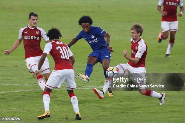 Willian of Chelsea scores his team's first goal during a friendly match between Chelsea and Arsenal at Birds Nest on July 22, 2017 in Beijing, China.