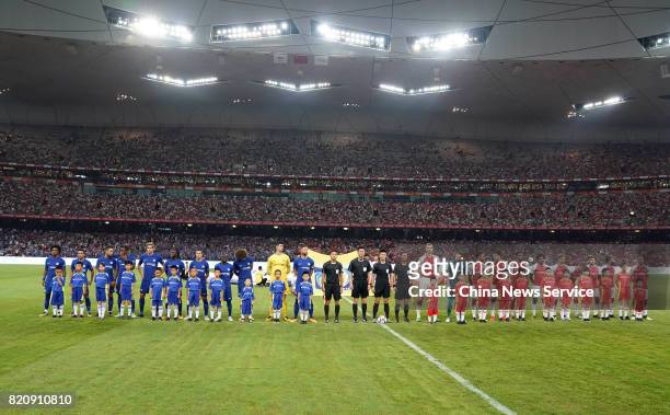 Players of Arsenal and players of Chelsea line up prior to a friendly match between Chelsea and Arsenal at Birds Nest on July 22, 2017 in Beijing,...