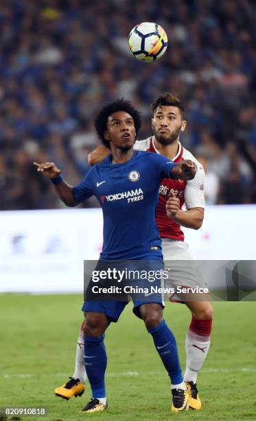 Sead Kolasinac of Arsenal and Willian of Chelsea compete for the ball during a friendly match between Chelsea and Arsenal at Birds Nest on July 22,...