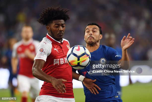 Ainsley Maitland-Niles of Arsenal and Pedro of Chelsea compete for the ball during a friendly match between Chelsea and Arsenal at Birds Nest on July...