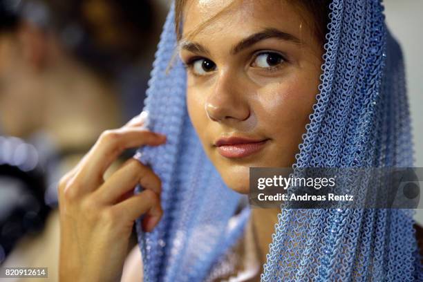 Model is seen backstage ahead of the 3D Fashion Presented By Lexus/Voxelworld show during Platform Fashion July 2017 at Areal Boehler on July 22,...