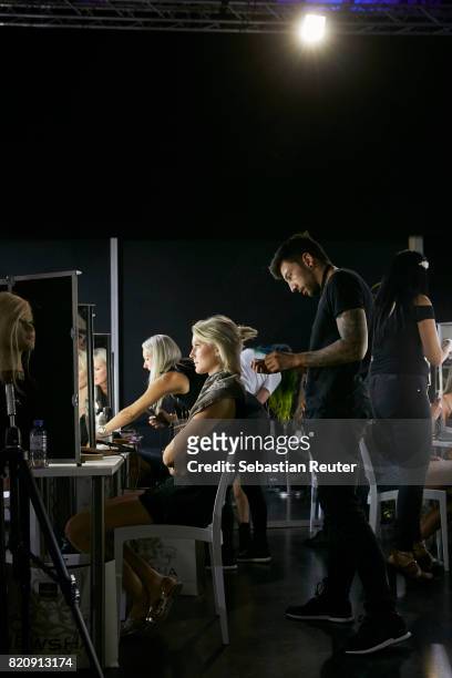 Models and makeup artists are seen backstage ahead of the 3D Fashion Presented By Lexus/Voxelworld show during Platform Fashion July 2017 at Areal...