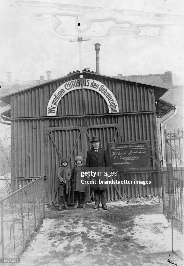 The smallest church in the world is this chapel in Berlin Lichtenberg, Jungstrasse, It is built with corrugated iron, Photograph, Germany, Around 1930