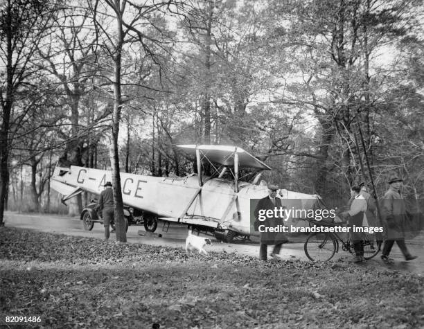 Alleged aircraft crash: This airplane did not crash, It simply fell from the loading area of a truck during the transport, Photograph, 1931...