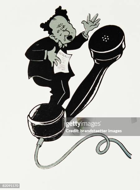 At the telephone: man with giant telephonspeaker holding a sheet "Instukcie" in hand, Postcard after a colored drawinb by L, Reymeikis, Around 1930...