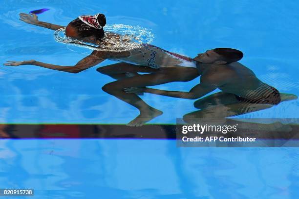 Italy's Giorgio Minisini and Italy's Mariangela Perrupato compete in the Mixed duet Free Routine preliminary during the synchronised swimming...