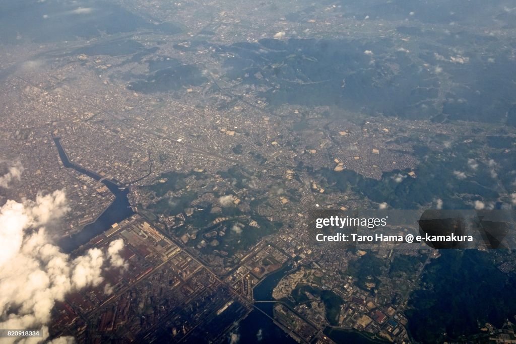 Fukuyama city in Hiroshima prefecture day time aerial view from airplane