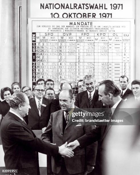 Friedrich Peter and Karl Schleinzer congratulate the winner Bruno Kreisky , Photograph 10, 1971 [Friedrich Peter und Karl Schleinzer gratulieren dem...