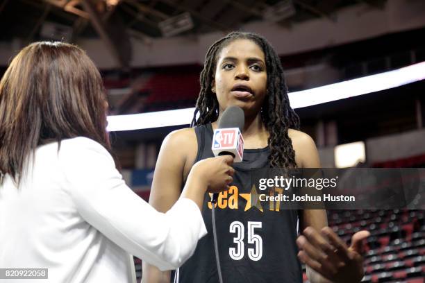 Jonquel Jones of the Connecticut Sun talks to the media during the WNBA All-Star media availability as part of the WNBA All-Star Game 2017 at...