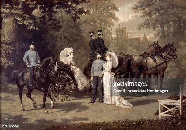 The picture shows the austrian royal couple Franz Joseph and Elisabeth with the crown-prince Rudolf and his wife Stephanie in Laxenburg, Painting by...
