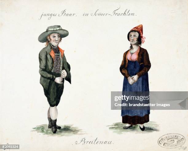 Young couple in traditional summer dress of Breitenau in Styria, Watercolour by L, Nord, Austria, 1811 ['Junges Baar in Somer-Trachten, Breitenau",...